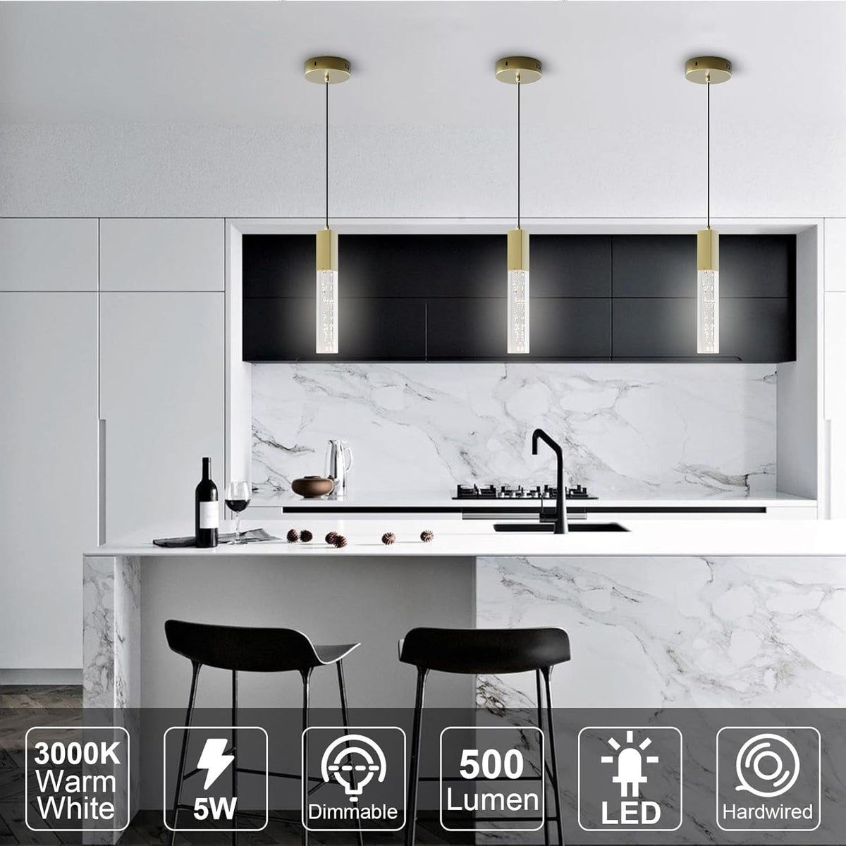 Brass Pendant Light Kitchen Fixture Dimmable Integrated LED Modern Pendant Light for Kitchen Island Mini Crystal Pendant Light for Bathroom Bedroom 3000K Warm Light(2-Pack)