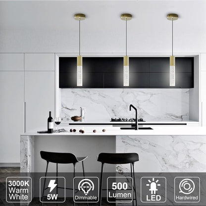 Brass Pendant Light Kitchen Fixture Dimmable Integrated LED Modern Pendant Light for Kitchen Island Mini Crystal Pendant Light for Bathroom Bedroom 3000K Warm Light(2-Pack)
