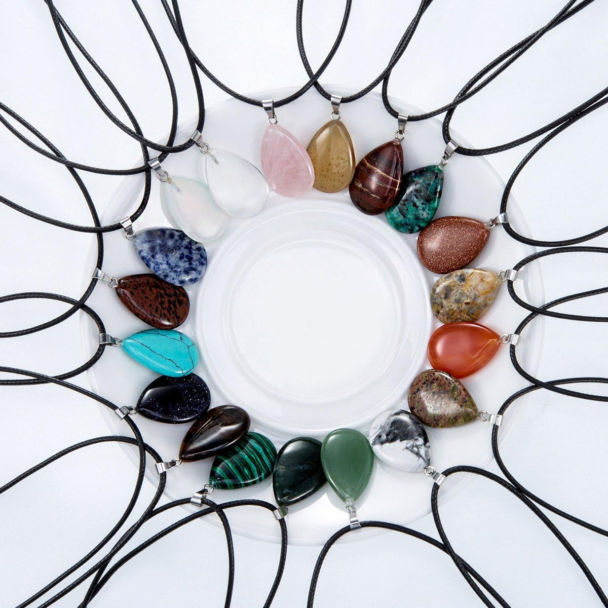 20 Pieces Stone Pendants Water Drop Shape Beads Crystal Quartz Stone Charm with 18 Inch Imitation Leather Cord Chain for Necklace Jewelry Making
