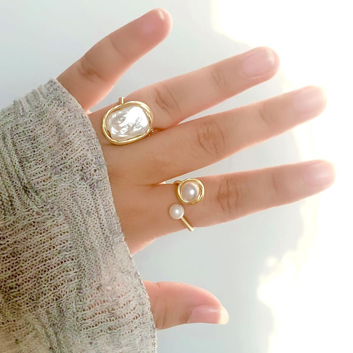 Handcrafted Natural Baroque Pearl Ring Winding Design Opening Adjustable 14K Gold Plated Material Beads