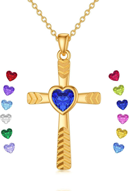 Real 10K 14K 18K Gold Birthstone Cross Necklace with Laser Diamond Cut, Glittering 1/2 Carat Gemstone Heart Birthstone Cross Pendant Necklaces for Women Wife Girlfriend Her Mothers Day