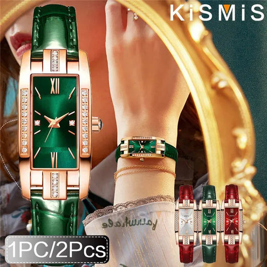 KISMIS 1PC/2Pcs Luxury Fashion Ladies Watch Diamond Inlaid Charm Unlimited Women's Watch Retro Fashion Quartz Watches Gift 3 Colors Available