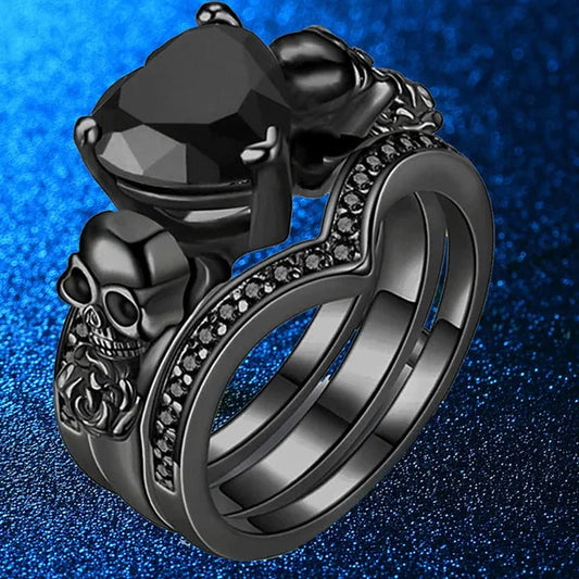 Gothic Skull Black Rings Set Women Rose Flower Red Purple Heart Love Zircon Crystal Christmas Anniversary Engagement Gift Cocktail Party Biker Jewelry