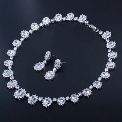 Gloriya Elegant Red Zirconia And White CZ Paved Setting Flower Pendant Earrings Necklace Jewelry Sets for Bridal Wedding Accessories