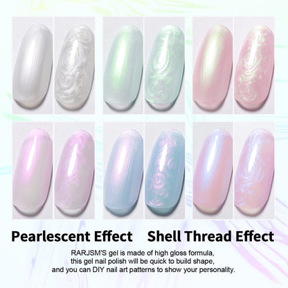 Pearl Gel Nail Polish Set Clear Shell Glitter Gel Polish 6 Colors Pearlescent Pink White Blue Purple Silver Gold Shimmer Mermaid Swirl Thread Effect LED UV Soak Off Curing Requires Home Salon