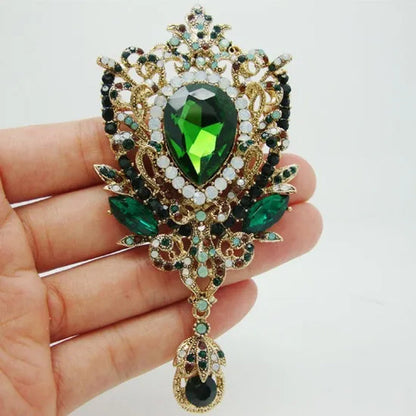 New Fashionable Jewelry Classic Crown Flower Drop Emerald Green Crystal Rhinestone Brooch Pin Pendant