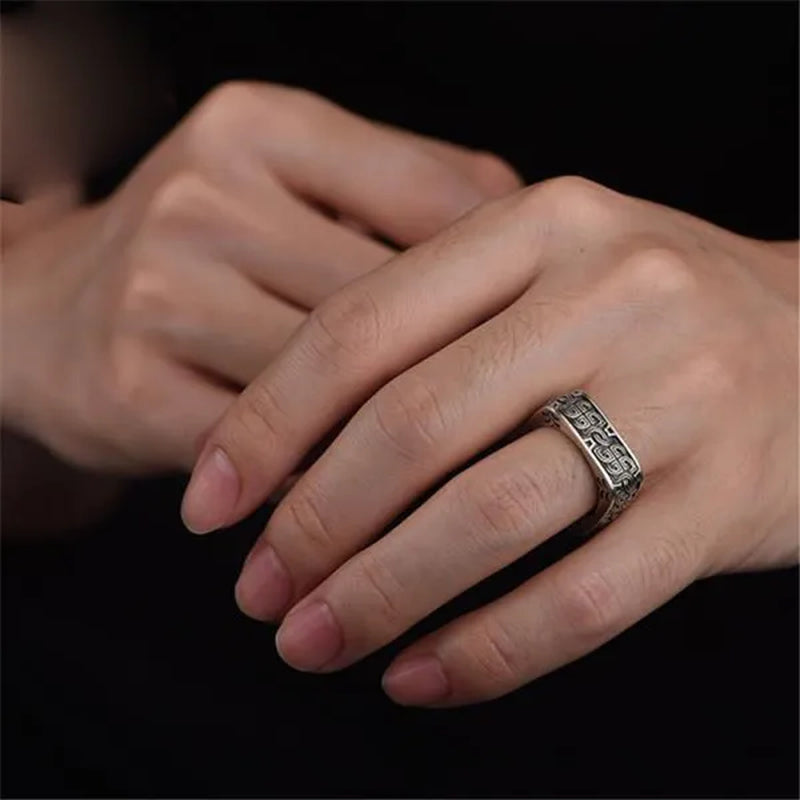 Vintage Carved Pattern 925 Silver Square Rings for Mens Punk Rings Silver Jewelry