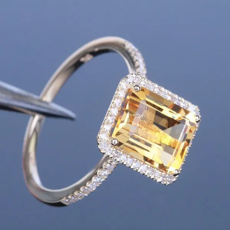 Women Large 925 Sterling Silver Princess Cut Natural Gemstone Citrine Wedding Bride Wedding Engagement Jewelry Size 6-10