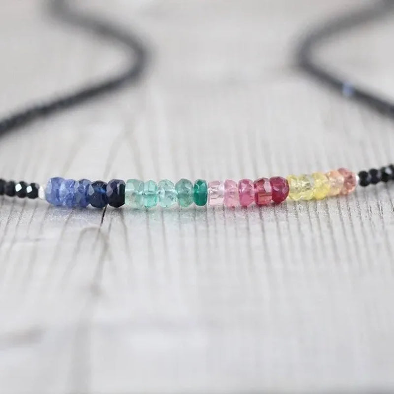 Sapphire, Ruby, Emerald & Black Spinel Necklace. Sterling Silver, Rose, Gold Filled. Dainty Delicate Multi Color Gemstone Choker for Women