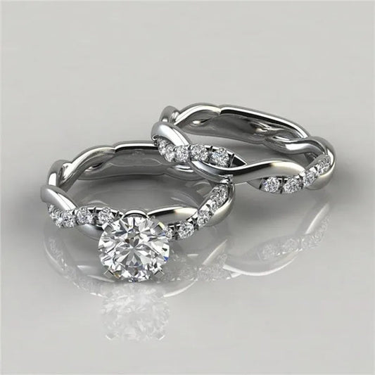Women's Delicate Stainless Steel Twist Round Cut White Sapphire Ring Set Bridal Engagement Diamond Rings Wedding Rings Anniversary Gift Banquet Party Jewelry Ring Size 5-11