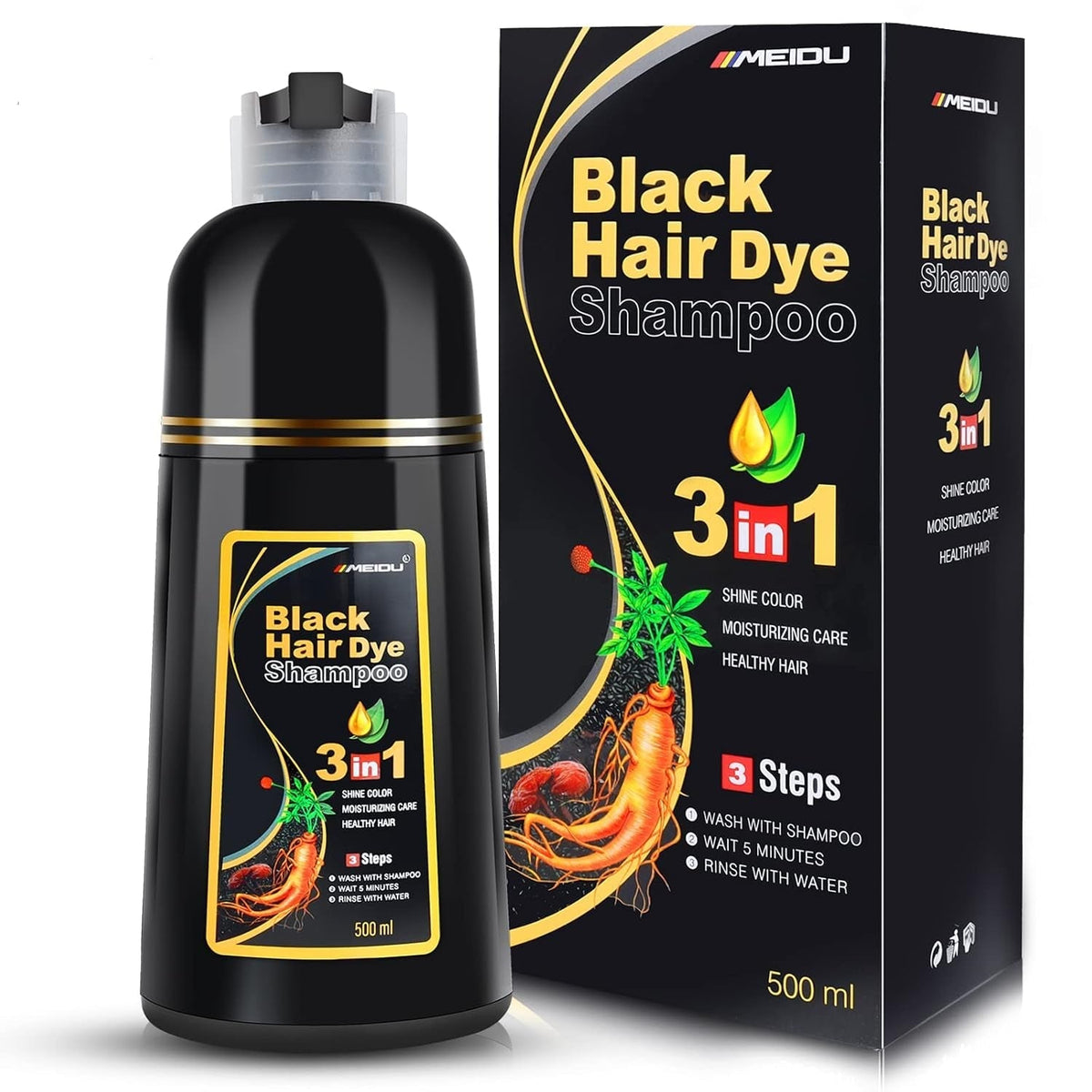 Herbal Gray Hair Coverage Shampoo for Women and Men, 3 in 1 Natural Ingredients, 500Ml (BLACK)