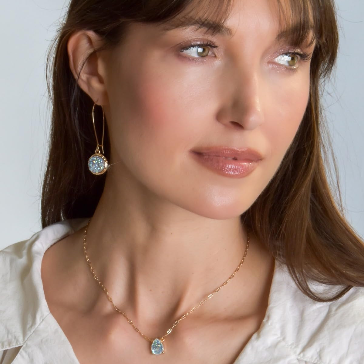 Humble Chic Simulated Druzy Threader Drop Earrings for Women - Gold, Silver, or Rose Gold Tone Trendy Boho Dangles with Sparkly round Stone