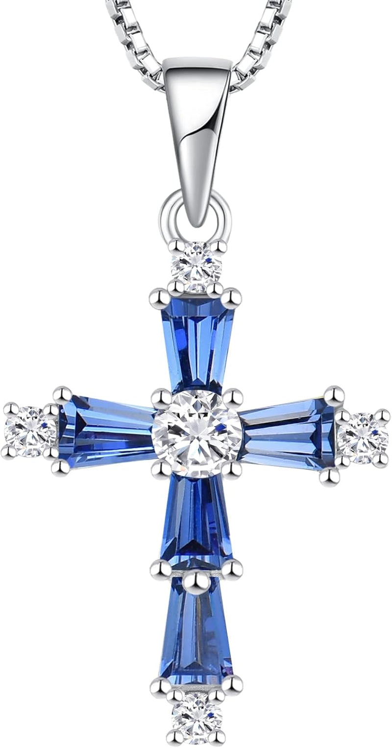 Women'S Cross Necklace Sterling Silver Criss Pendant Gemstones Christian Baptism Jewelry for Gift