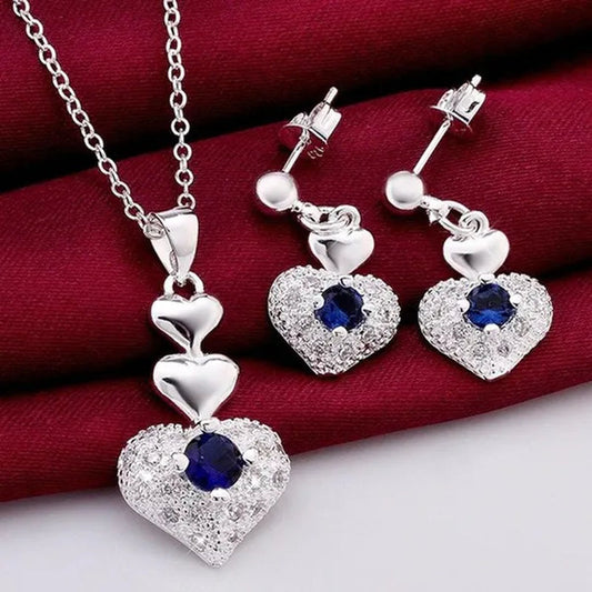 925 Sterling Silver Heart Blue Zircon Crystal Pendant Necklace Earrings for Women Party Wedding Jewelry Set