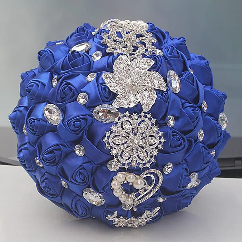 24CM Customized Silk Rose Wedding Bouquet Sapphire blue Artificial Flowers Wedding Bridal Bouquet Luxury Crystal Pearl Brooch Bridesmaid Bride Holding Flowers