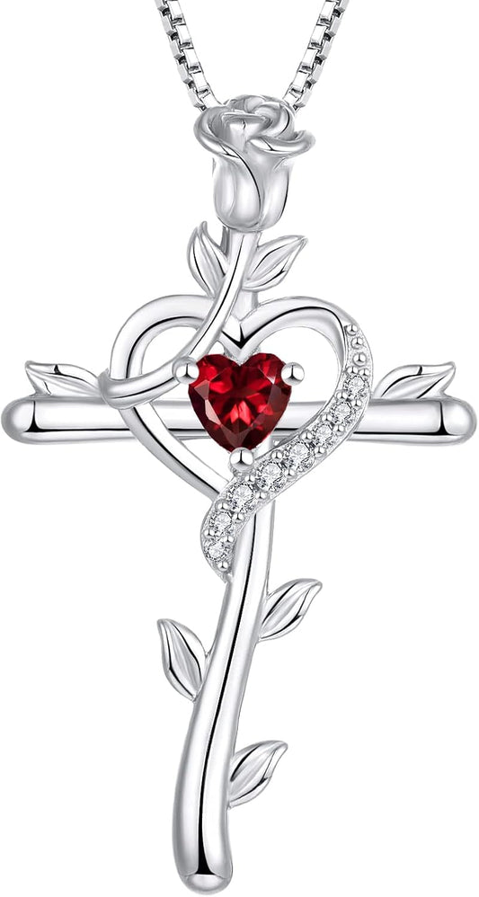 Rose Cross Necklace 925 Sterling Silver Heart Crucifix Pendant Birthstones Jewelry for Women
