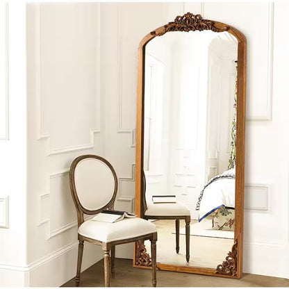 30 In. W X 69 In. H Rustic Arched Solid Wood Framed DIY Carved Full Length Mirror