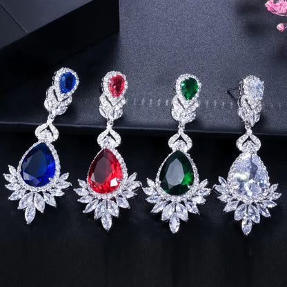 CANDICE Gorgeous Natural Red Green Zirconia Setting Silver Plated Big Teardrop Dangle Earrings for Women Party Dress Accessories