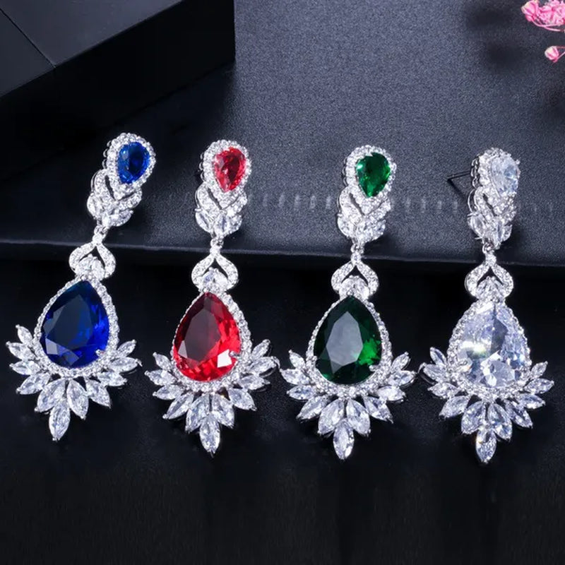 CANDICE Gorgeous Natural Red Green Zirconia Setting Silver Plated Big Teardrop Dangle Earrings for Women Party Dress Accessories