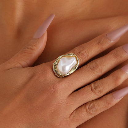 Baroque Pearl Ring for Women - Adjustable Irregularity Statement Ring - Vintage White Big Faux Pearl Finger Ring - Fashion Wedding Jewelry