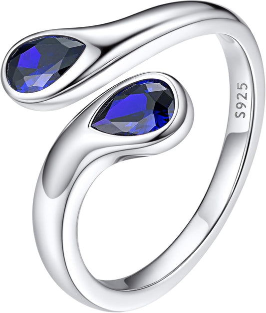 Silver Birthstone Ring for Women, Dainty Sterling Silver Teardrop Ring Open Adjustable Band Ring, Love Statement TOI Et Moi Ring Promise Ring for Her