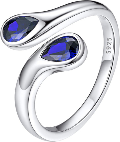 Silver Birthstone Ring for Women, Dainty Sterling Silver Teardrop Ring Open Adjustable Band Ring, Love Statement TOI Et Moi Ring Promise Ring for Her
