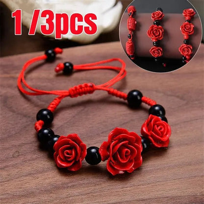 1/3pcs Fashion Women Rose Bracelet Ethnic Handicraft Lacquer Carved Cinnabar Rose Flower Bracelet For Women Red Rope Beaded Bracelet
