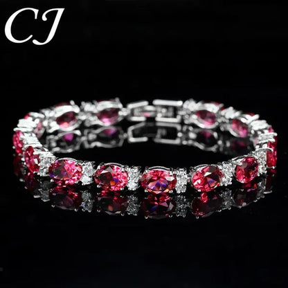 CANDICE Top Grade Blue Oval Women Silver Plated Jewelry Pave White Cubic Zirconia Noble Tennis Bracelet Bangles with Extended Clasp