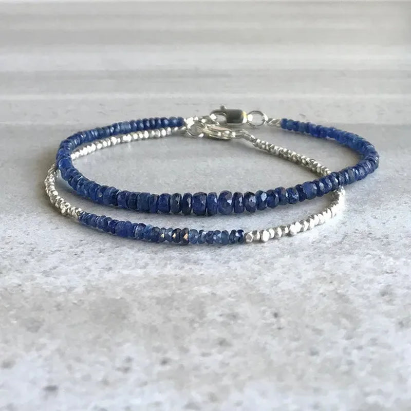 2pcs Real Blue Sapphire Bracelet | Fine Silver Bead Bracelet | Genuine Sapphire Jewelry for Women, Men | September Birthstone