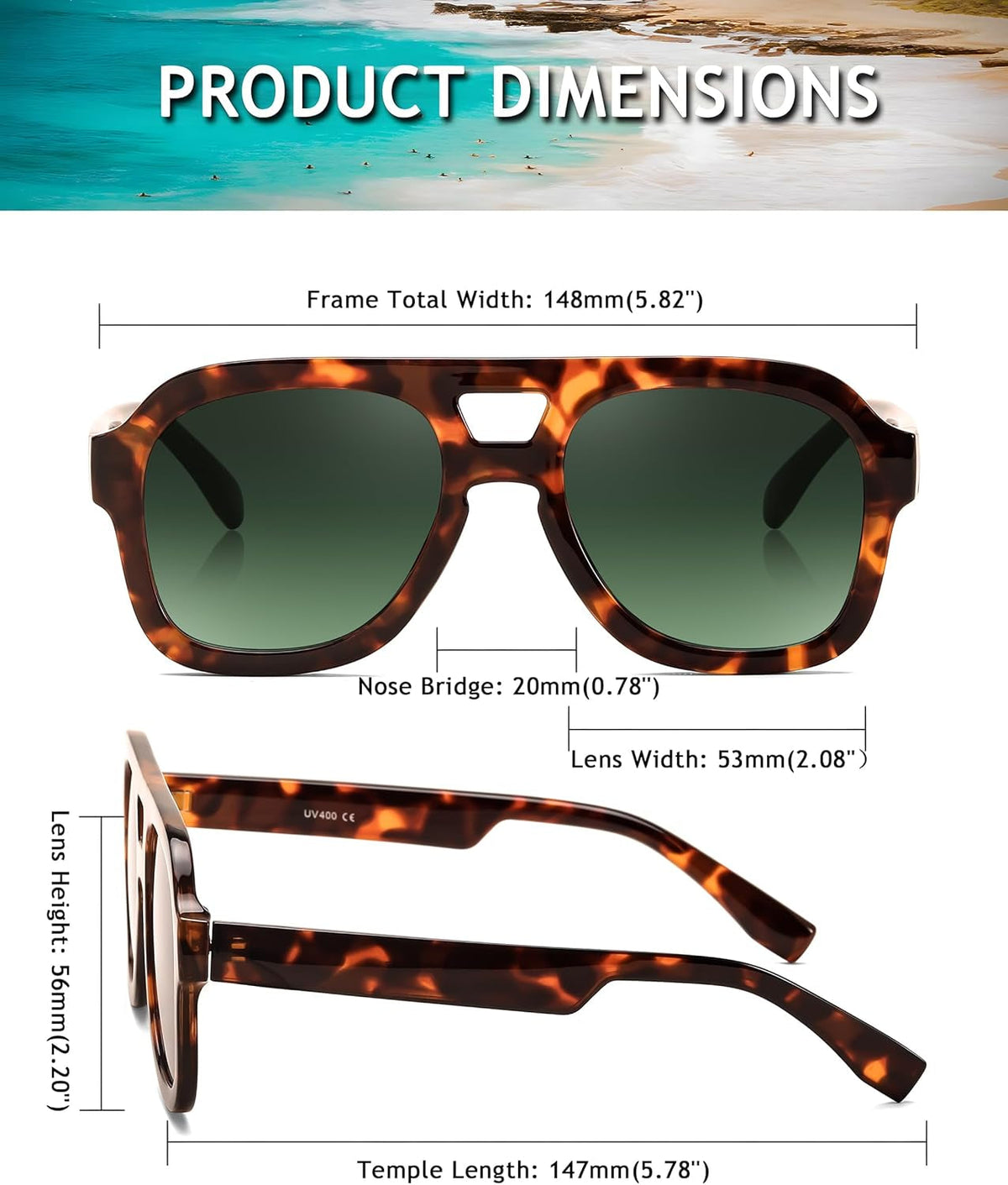 Vintage Aviator Sunglasses Double Bridge Women Men Large Square Thick Frame Trendy Eyewear UV400 B2846