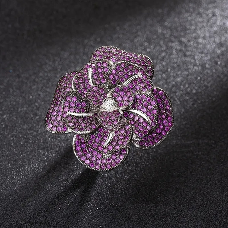 CANDICE High Quality White Gold Plated Micro Inlaid Rose Red AAA CZ Crystal 3D Big Flower Exaggerated Cocktail Party Ring for Women Costume Jewelry