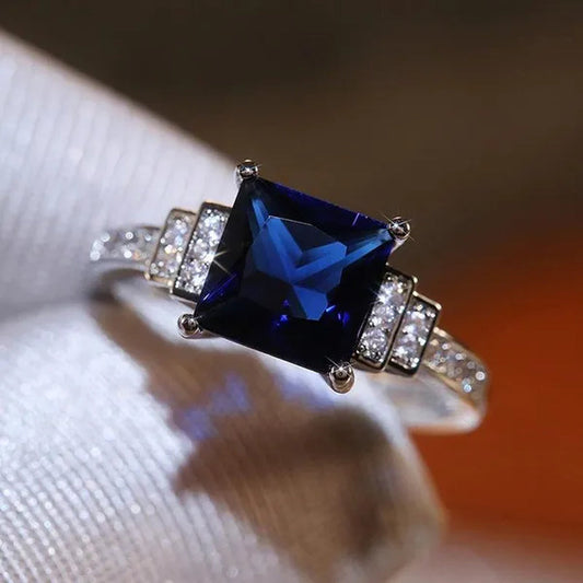 Fashion Jewelry Gemstone 925 Sterling Silver Diamond Cut Square Sapphire Ring Women Size：5-10