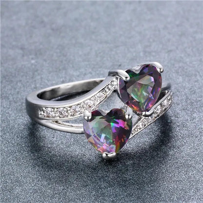 Birthstone rings...romantic double heart cut gemstone blue white opal rainbow topaz crystal ring white gold jewelry