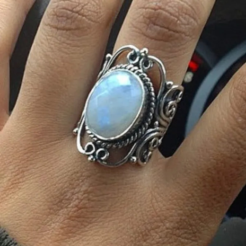 Large Antique Jewelry Moonstone Ring Birthstone Anniversary Bride Wedding Engagement Rings Size 6 - 10 Christmas Gift