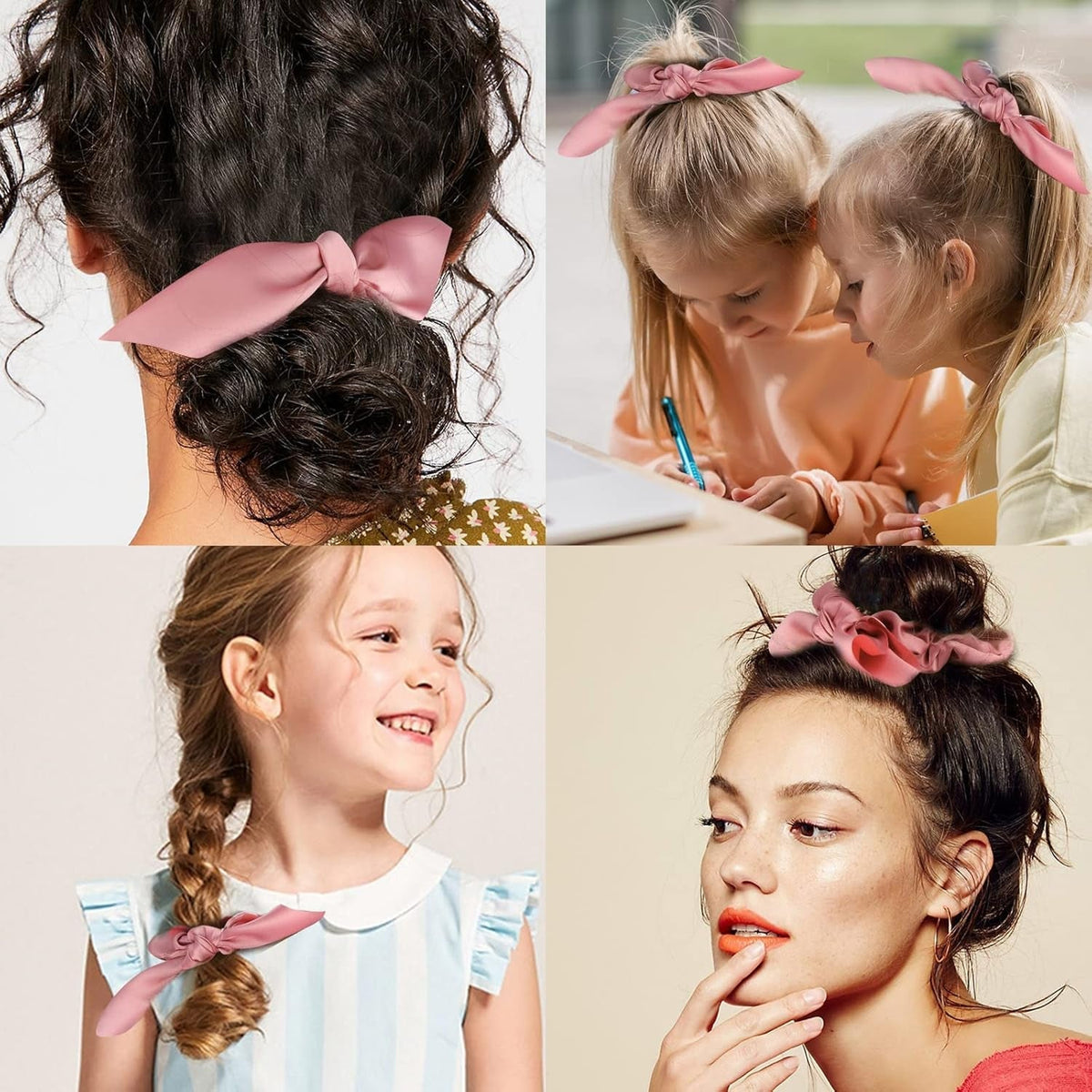 20 Pack Pink Bow Scrunchies for Thick Hair, Satin Silk Ponytail Holders with Ribbon for Girls and Women