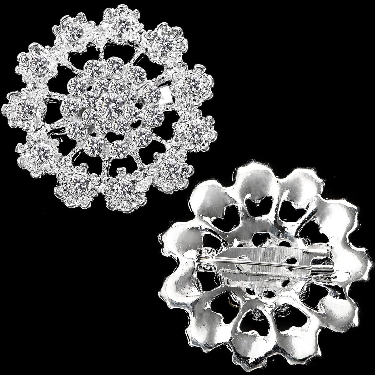 Lot 24 Pcs Crystal Brooches Pins, Silver Shining Clear Rhinestone Brooches Flower Jewelry Bridal Wedding Bouquet Kit Gift for Girls, Women, DIY Decoration