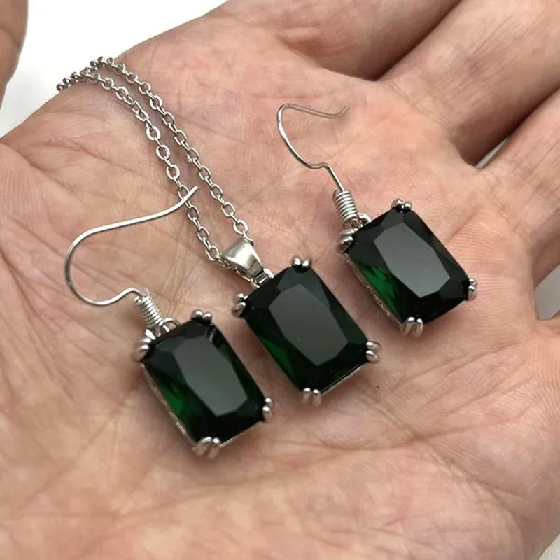 3Pcs/Set Women Colorful / Red /Blue/ Green Gemstone 925 Silver Plated Earrings Pendants Necklace Jewelry Sets Valentine Gifts (choose Color)