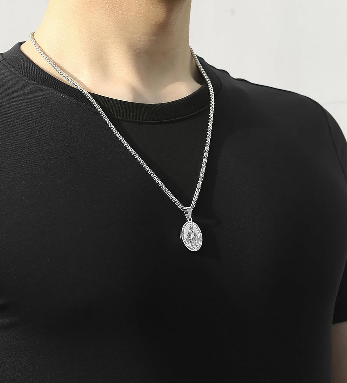 Virgin Mary Necklace for Men Boys Miraculous Medal Stainless Steel Mary Mother of God Pendant De La Virgen Maria Medallion Holy Mary Charm