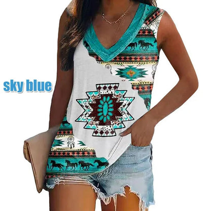 Ethnic Style Multi-pattern Print Sleeveless T-shirt Women's Vest V-neck Casual Loose Shirts Blouse Tank Top Camisoles