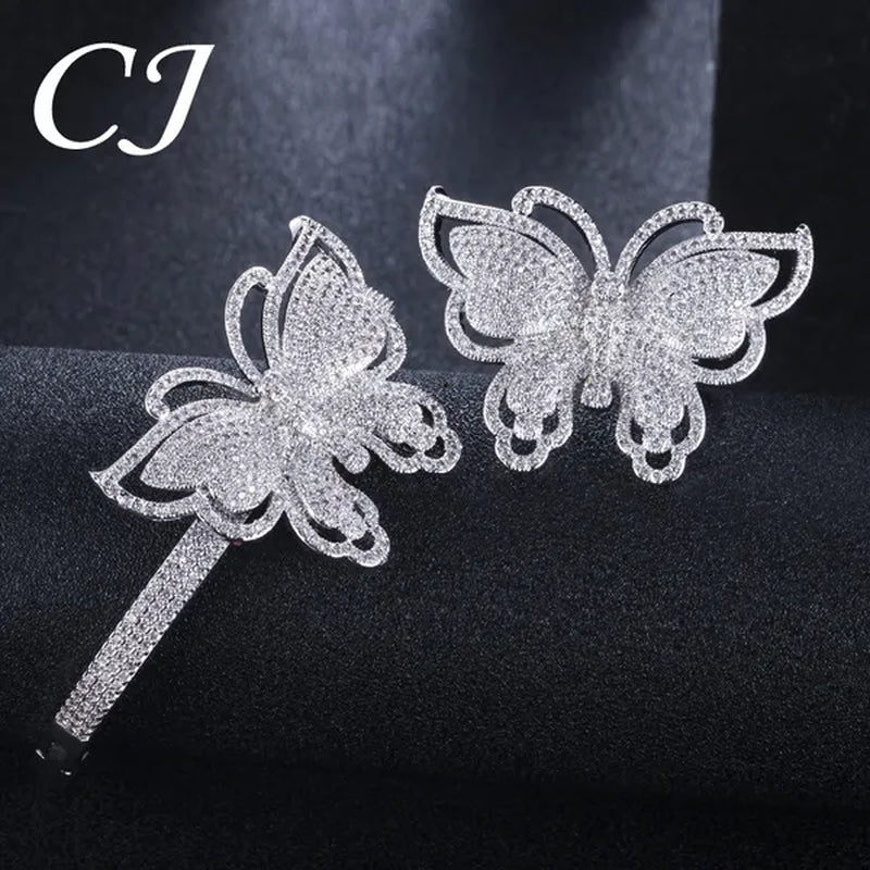 CANDICE High Quality Rose White Gold Plated Full Pave Tiny Crystal Stone Big Butterfly Shape Ring and Bangle Bracelet Party Jewelry Set for Women Christmas Gift