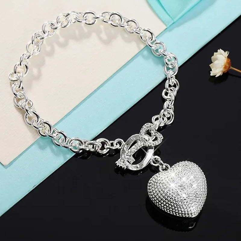 925 Sterling Silver Bracelet Jewelry Shiny Crystal Heart Key Bracelet for Women Christmas Gift