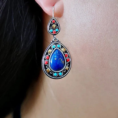 1 pair Antique 925 Sterling Silver Pendant Earrings Natural Gemstone Inlay Dangle Earrings Bridal Engagement Wedding Anniversary Gift  Bohemian Style Earrings