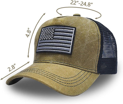 Tennis Cap American Flag Embroidered Baseball Cap Adjustable Trucker Cap for Both Men and Women Khaki