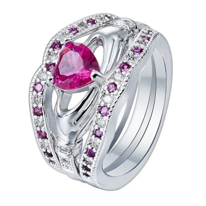 3-piece heart amethyst women's ring wedding ring set green red blue fashion jewelry size 5-12