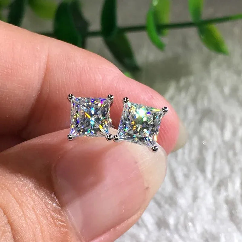 Fashion 18K White Gold Princess Cut Moissanite White Diamond Stud Earrings 4mm/5mm/6mm/7mm