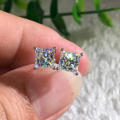 Fashion 18K White Gold Princess Cut Moissanite White Diamond Stud Earrings 4mm/5mm/6mm/7mm