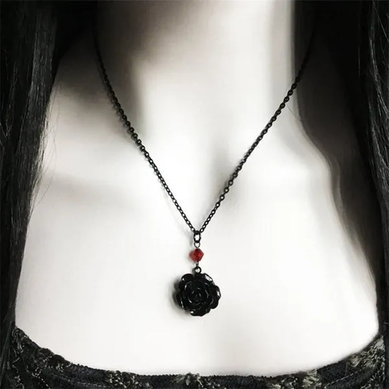 Black Rose Gothic Necklace with Red Bead, Victorian Pendant, Gothic Jewelry, Romantic Valentine Gift For Girlfriend, Alternative