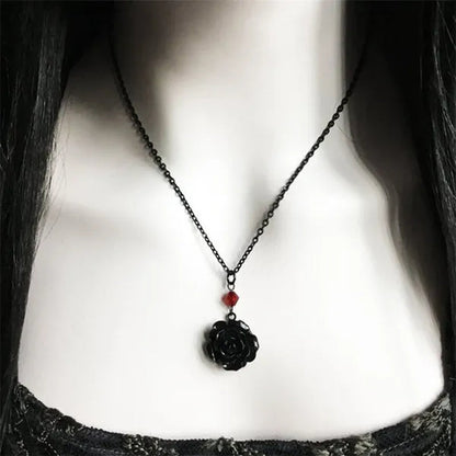 Black Rose Gothic Necklace with Red Bead, Victorian Pendant, Gothic Jewelry, Romantic Valentine Gift For Girlfriend, Alternative