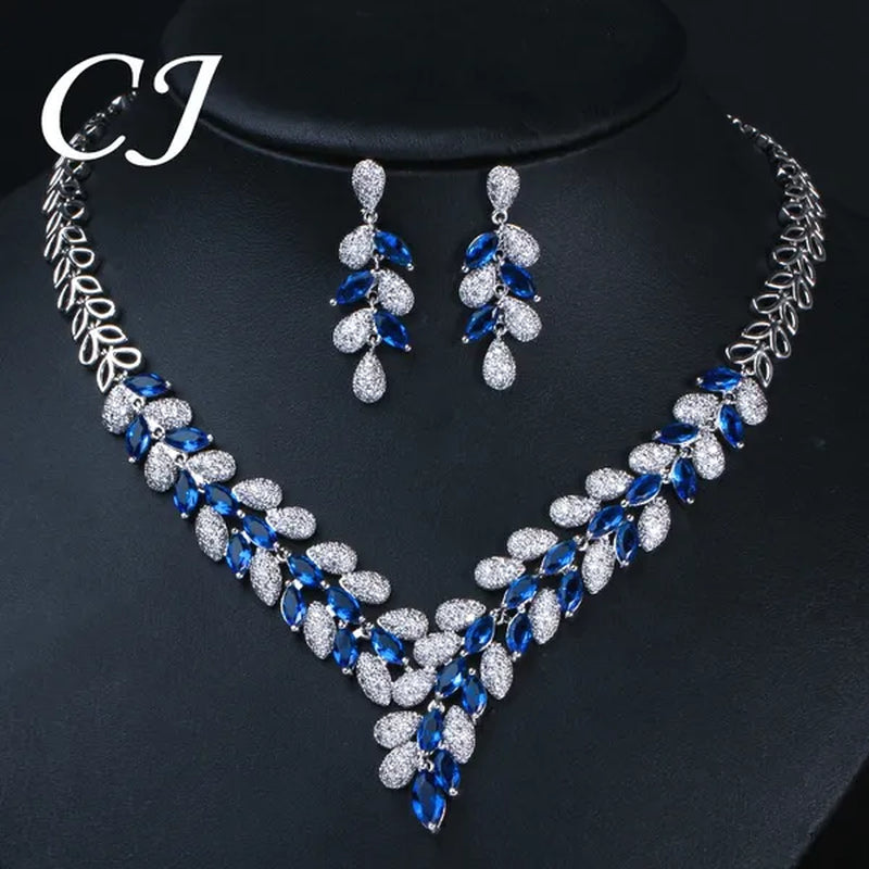 CANDICE Luxury White Gold Plated Marquise Blue Crystal Wedding Necklace Earrings Indian CZ Stone Jewelry Sets Bridal Costume Accessories