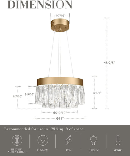 2-Tier Crystal Gold Chandelier, LED Modern Chandelier, 6000K Cool White Pendant Light for Bedroom Kitchen Dinning Room Entryway, CC5612-LED-BG